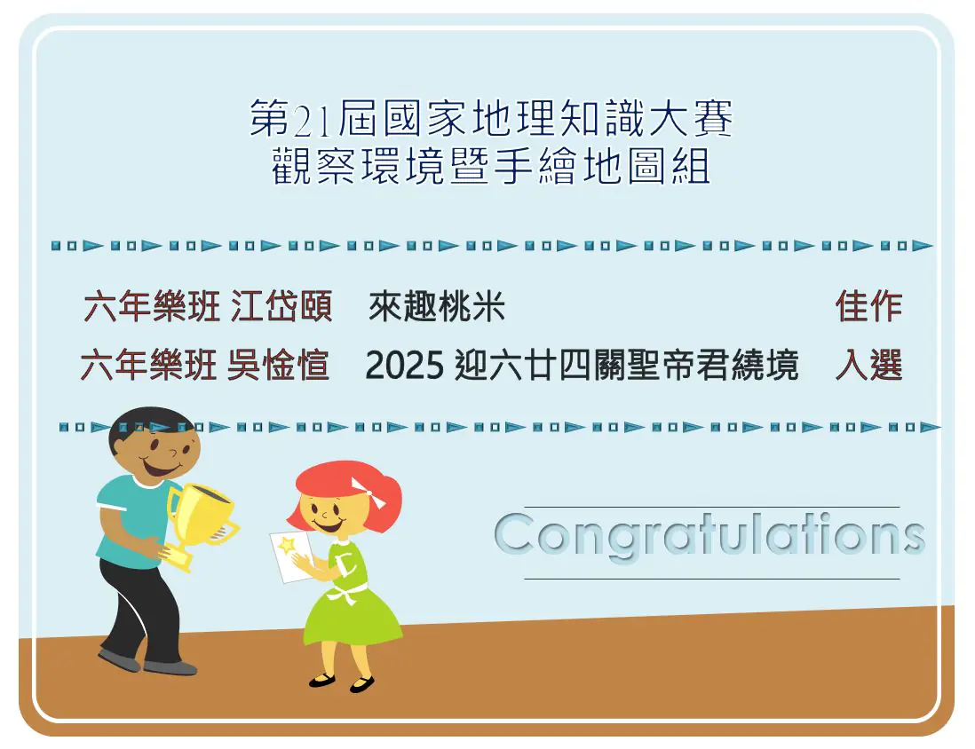 恭賀~114 年第 21 屆國家地理知識大競賽 環境觀察暨手繪地圖組優勝作品 10 成績公布1141020 2